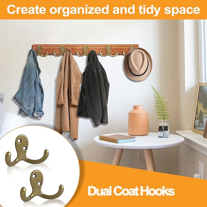 10 Pack Coat Hooks Wall Hooks for Hanging, Heavy Duty Double Prong Metal Hook Wall Mounted for Living Room, Bathroom, Kitchen, Bedroom for Coat, Bag, Scarf, Towel, Hat, Key, Cup (Bronze)