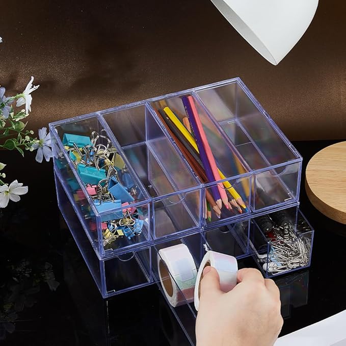 DICOSMETIC 2Pcs Small Acrylic Desk Organizer Drawers Stackable Desktop Storage Box Clear Stationery Supplies Organizer with 8Pcs Removable Drawer for Makeup Office Supplies Storage