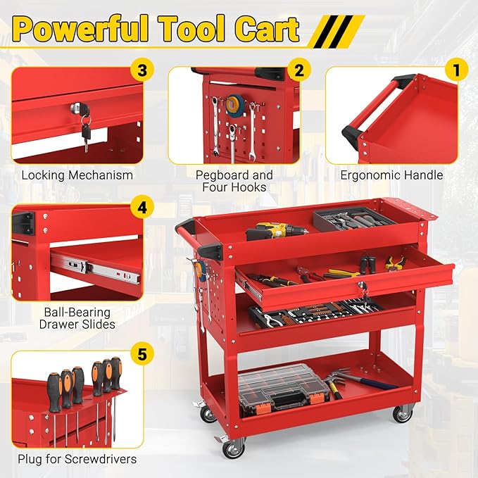 3 Tier Rolling Tool Cart on Wheels, 550 LBS Tool Cart with Drawers，Heavy Duty Utility Cart with Pegboard and Hook，Mechanic Tool Storage Cart for Garage, Warehouse and Repair Shop(Red)
