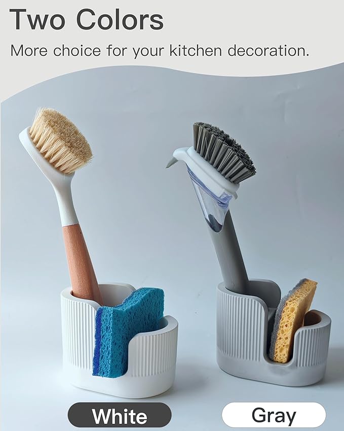 2-in-1 Diatomite Sponge Holder for Kitchen Sink, Quick-Drying Dish Sponge and Brush Holder, Dish Wand Holder, Diatomite Stone Sink Tray, Ultra Absorbent Sinks Caddy Organizer,White
