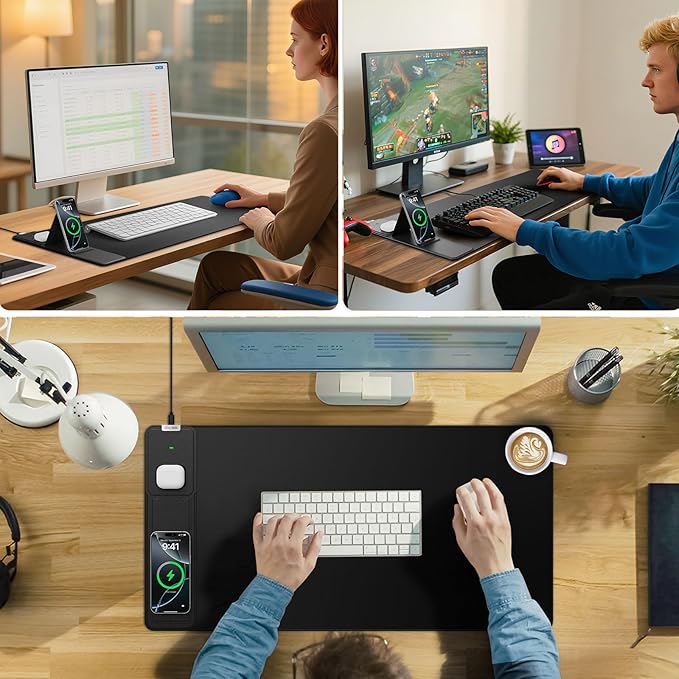 Wireless Charging Mouse Pad with Foldable Phone Holder, 31.5"x15.8" Extended Desk Mat for Laptop/Keyboard, Waterproof Ultra-Smooth Surface, Non-Slip Base & 20W PD Adapter, Black