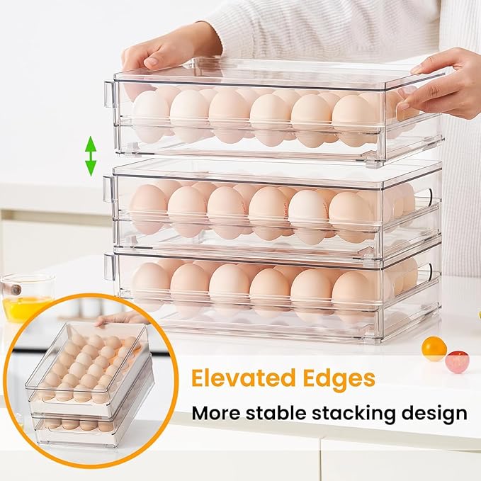vacane 24 Capacity Egg Holder for Refrigerator, Egg Drawer for Fridge Pull Out Egg Storage Container with Non-Slip Pads Clear Egg Tray Egg Organizer - 2 Pack