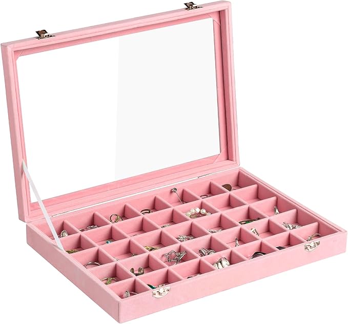 Frebeauty Velvet Jewelry Tray,35 Grid Jewelry Organizer with Clear Lid,Earring Holder Organizer Case with Clasp,Drawer Insert for Rings Studs,13.8 x 9.5 x 2 Inches,Gift for Women Girls(Pink)