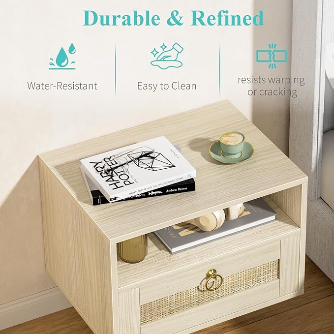 Floating Nightstand with Drawer for Wall Mounted Hanging Rattan Night Stand Bed Side Tables Wooden End Table Small Boho Dressers Farmhouse Shelves for Bedroom