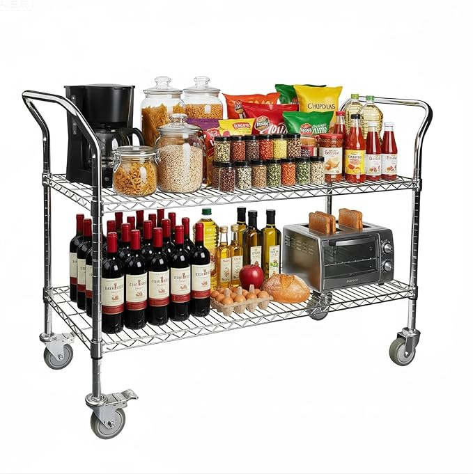 Northsky 2-Shelf Wire Utility Cart on Wheels, Chrome Finish Rolling Metal Shelving with Wheels, 550lb Capacity, 47" x 18" x 38" 47 in x 17.5 in x 38 in, 2 Tier Rolling Cart for Kitchen Bar Storage Use