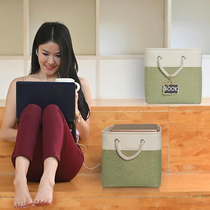 12 inch storage bins[6 Pack],Cube Storage Organizer Bins with Rope Handles, Eco-Friendly Linen Collapsible Organizers for Closet, Nursery, Toys, Office, Bathroom – Dual Color Design.(White&Green)