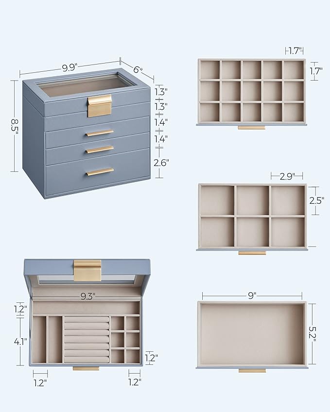 SONGMICS Jewelry Box Organizer with Glass Lid, 4-Layer Jewelry Storage, with 3 Drawers, Modern Style, Christmas Gift, 6 x 9.9 x 8.5 Inches, Smoky Blue and Gold Color UJBC161Q01