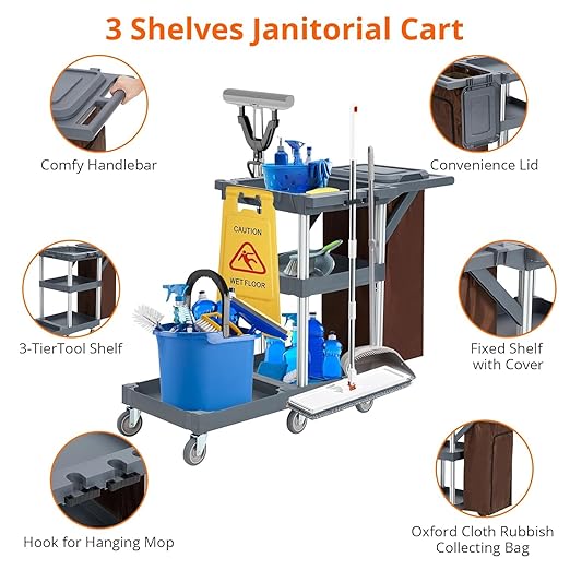 Commercial Housekeeping Utility Cart, Janitorial Cleaning Carts On Wheels, Janitorial Cart with Cover and Vinyl Bag, 3 Shelf Service Carts for Hotel/Stores/Restaurants/Hospitals/Schools/Business
