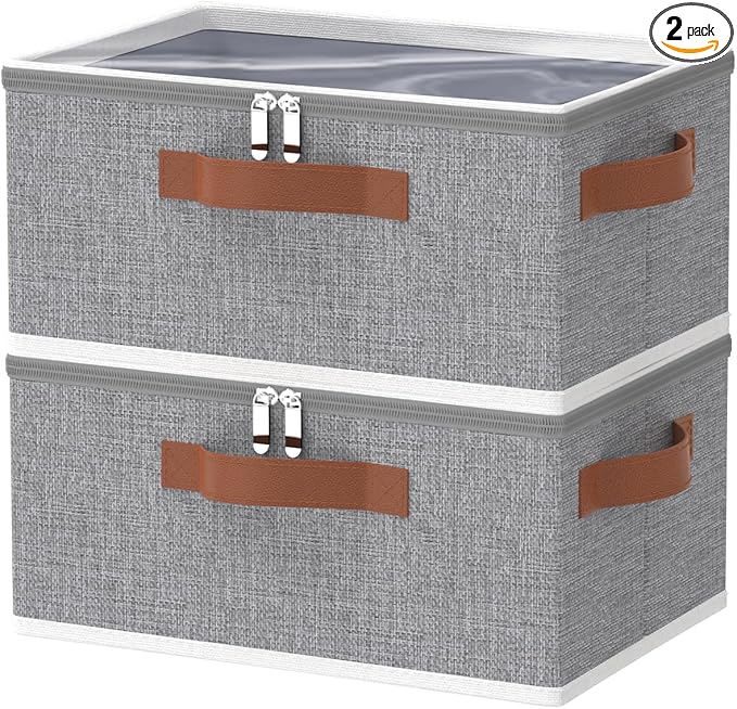 OUTBROS Fabric Storage Bins with Lid, Wardrobe Organiser with Handle and Zipper, Used for storing clothes, blankets, pillows, Foldable Bags, 15 x 10.2 x 5.9 inch, 2-Pack
