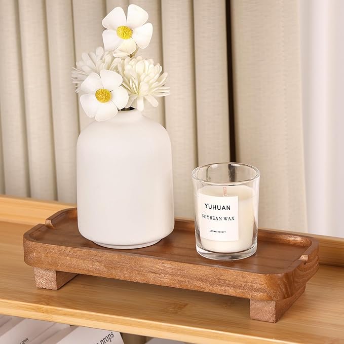 Wood Riser Small Decorative Tray Sink Soap Dish, Vanity Tray Pedestal Stand 8.7 x 3.6 inches (Light Brown)