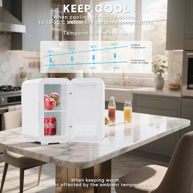 Enventor Mini Refrigerator, 6L/ 8 Can Compact Skincare Fridge AC+DC Power Cooler & Warmer Small Refrigerator for Bedroom, Skincare, Makeup, Cosmetics, Car, Office (White)