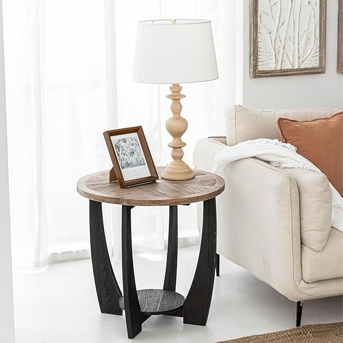 Rustic Farmhouse End Table with Storage Shelf, French Country Accent Side Table for Family, Dinning or Living Room, Small Spaces, Modern, Round