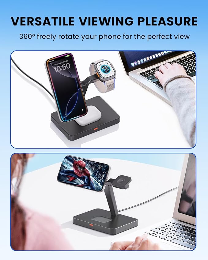 3-in-1 Magnetic Charging Station for Apple: CIYOYO Wireless Fast Charger Stand for iPhone 16/15/14/13, Apple Watch/AirPods Portable Charging Pad for Office Bedside Gift