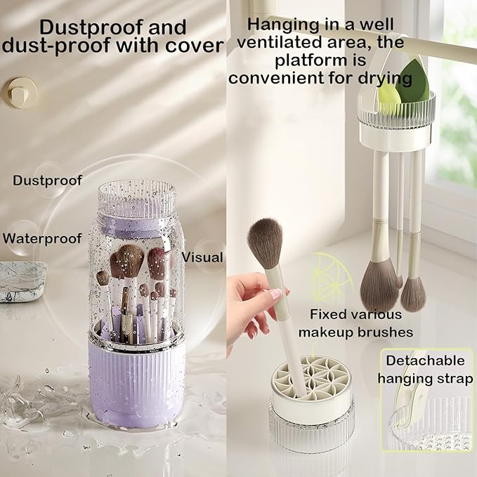 360 Rotating Makeup Brush Holder Organizer, Purple Plastic Cosmetic Organizer with Cleaning & Drying Function, Makeup Brush Holder for Vanity, Desktop, Bathroom