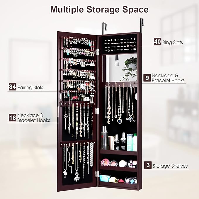 COSTWAY Full Length Mirror Jewelry Cabinet, Wall Door Mounted Jewelry Organizer with Makeup Mirror, Ring Slots and Necklace Hooks, Large Storage Jewelry Armoire for Bedroom, Dressing Room (Brown)
