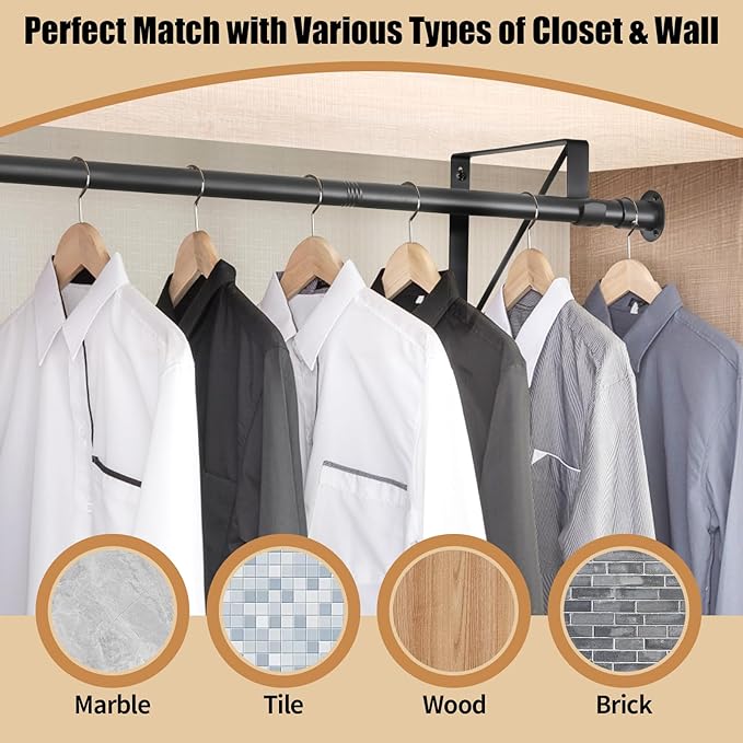 Closet Rod, 16 to 87 Inch Closet Rods Heavy Duty Adjustable Wardrobe Poles for Hanging Clothes and Heavy Duty Bracket Closet Pole Support (The Shelf NOT Included)(Black)