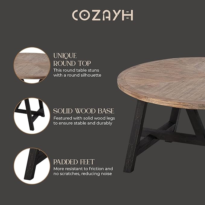 Rustic Farmhouse Coffee Table with Geometric Base, French Country Accent Table for Family, Dinning or Living Room, Modern, Round