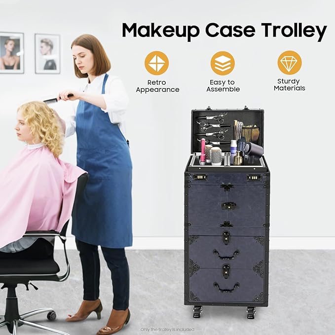 JOMCYDM Rolling Makeup Case with Wheels,Large Storage Cosmetic Trolley,Manicure Professional Large Storage Organizer, Traveling Trunk with Drawer for Makeup/Nail/Hair Styling