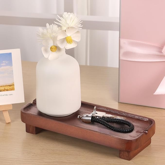 Wood Riser Small Decorative Tray Sink Soap Dish, Vanity Tray Pedestal Stand 8.7 x 3.6 inches (Dark Brown)