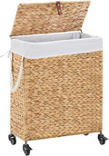 Rolling Laundry Hamper with Lid and Wheels, Slim Laundry Basket with Removable Liner Bag & 2 Mesh Bags, Handwoven Water Hyacinth Clothes Hamper for Bedroom Bathroom (Natural, 65L)