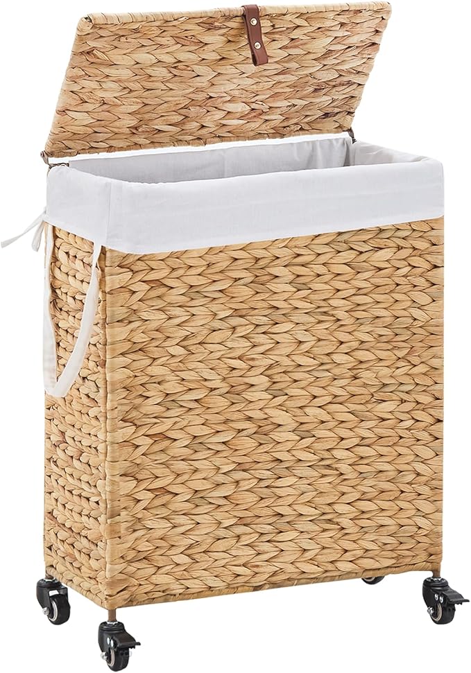 Rolling Laundry Hamper with Lid and Wheels, Slim Laundry Basket with Removable Liner Bag & 2 Mesh Bags, Handwoven Water Hyacinth Clothes Hamper for Bedroom Bathroom (Natural, 65L)