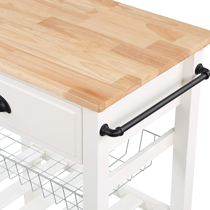 OSP Home Furnishings Hampton Kitchen Cart with Wood Top, Utensil Drawer, Under Cabinet Basket, and 2 Slatted Shelves, White Base