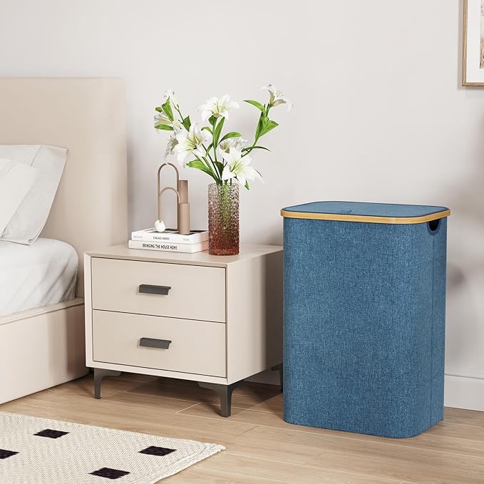 Lifewit 80L Laundry Basket with Lid, Clothes Hampers with Bamboo Handles and A Removable Laundry Bag, Large Foldable Hamper for Bedroom, Bathroom, Dorm, LaundryRoom, Dark Blue