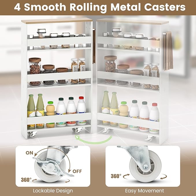 MAT EXPERT Slim Rolling Storage Cart, 4-Tier Freestanding Slim Storage Cart with Wheels 360 Degree & Metal Handle, Wooden Utility Cart for Narrow Kitchen, Laundry Room, Bathroom (White + Natural)