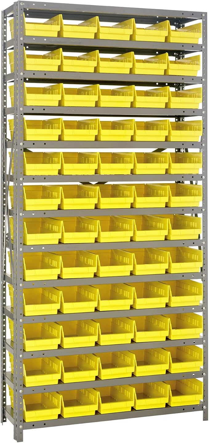 Quantum Storage Systems 1275-102YL Steel Shelving Unit with 4" Shelf Bins, 12" D x 36" W x 75" H, Yellow