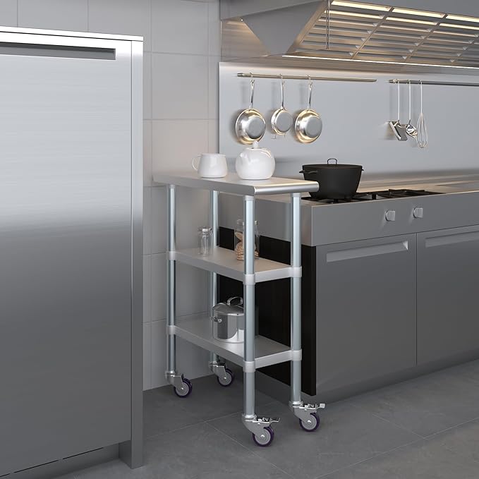 AmGood Stainless Steel Work Table with 2 Shelves and Casters | Metal Utility Table On Wheels (Stainless Steel Work Table with 2 Shelves + Casters, 12" Long x 30" Deep)