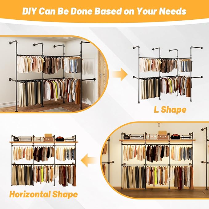 Industrial Pipe Clothing Rack, Reversible 118.3'' Clothes Rack for Hanging Clothes, Black Wall Clothing Rack Wall Mounted Rack for Walk-in Closet, Laundry Room or Retail Display (丨丨丨-with board)