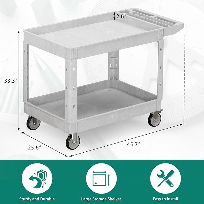 Heavy Duty Utility Rolling Tool Cart, 550 lbs Capacity Plastic Rolling Carts with 360°Swivel Wheels, 40 x 25 Inch Service Cart, 2 Shelf Work Cart for Warehouse,Garage, Cleaning, Grey