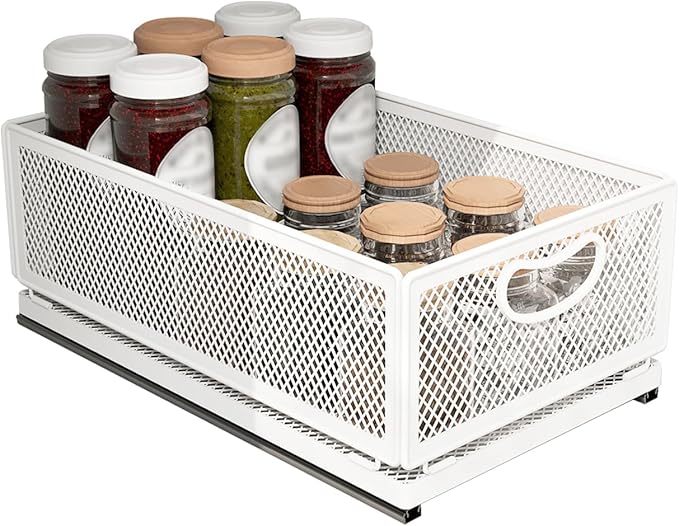 Sliding Cabinet Basket Organizer Drawer Self Adhesive Slide out Pantry Shelves Heavy Duty Carbon Steel Slide Cabinet Storage Basket with Handle for Bathroom Kitchen Home