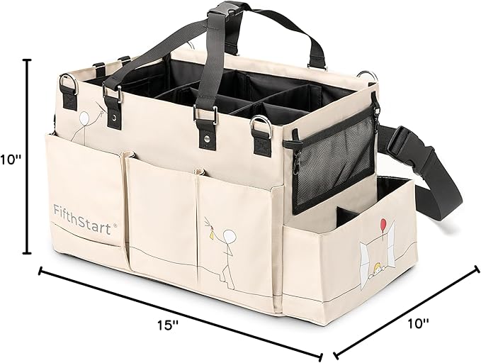 FifthStart Multiuse Cleaning Caddy - Adjustable Straps & Caddy Organizer with Handle - Mesh Base & 9 Pockets Organizer Bag - 5 Dividers & Washable Fabric Cleaning Tote (beige, XL)