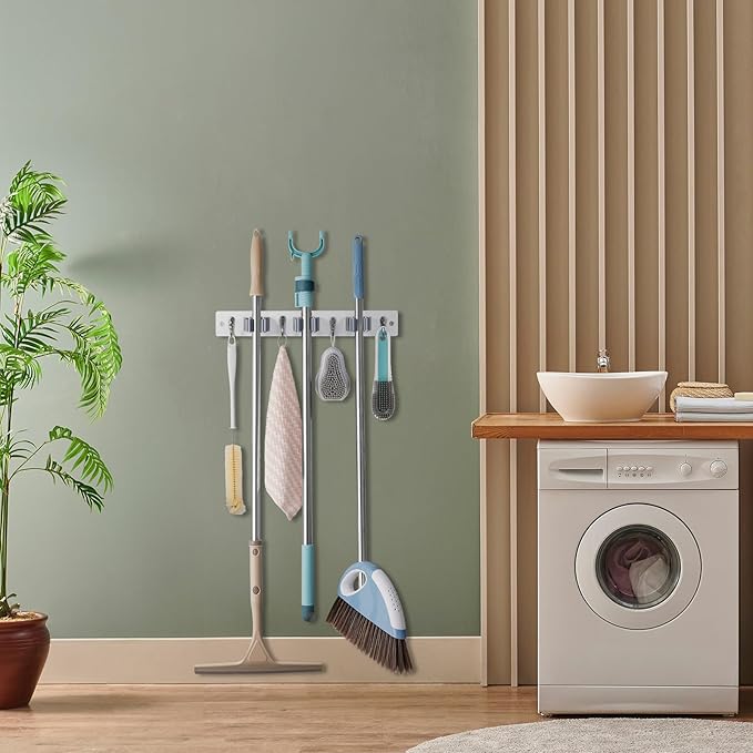 White Mop Broom Holder Wall Mount with 3 Slots & 4 Hooks - Wood Broom Mop Hanger for Pantry Kitchen Organization - Garden Tool Organizer for Closet Laundry Room