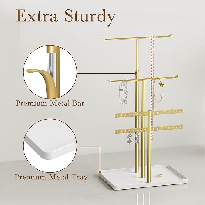 Jewelry Holder Organizer Stand - Adjustable Jewelry Tree 17.5" Height (Max), Jewlery Hanger for Necklaces, Bracelets, Earrings, Aesthetic for Storage and Display, Metal, Gold and White