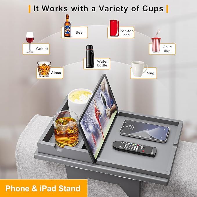Couch Cup Holder Tray - 2 in 1 Couch Armrest Table with Be Slide-Away Detachable Double Holder - Sofa Armchair Caddy for Drinking Snacks iPad TV Remote (Gray)
