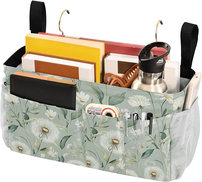 Sage Green Dandelion Bedside Caddy for Dorm Bed Bedside Hanging Caddy Bag Iron Frame Storage Organizer Pocket for Bunk Home College Hospital Beds 2 Hooks