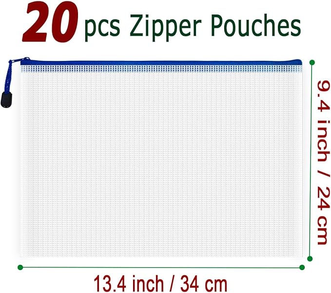 AUSTARK 20 Pcs Zipper File Bags, Plastic Mesh Pouch, Board Game Storage Bag, Waterproof Bags for Office School (A4 Size 13.4''x9.4'', White and Blue)