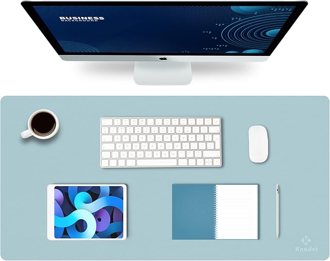 K KNODEL Large Office Leather Desk Mat, Mouse and Keyboard Pad, Computer and Laptop Mat, Desktop Protector and Cover, Writing Pad and Blotter (31.5"x15.7", Light Blue)