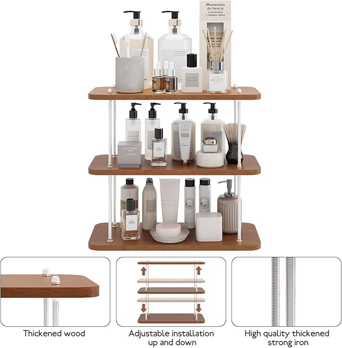 Bathroom Counter Organizer,Spices Organizer,Kitchen Countertop Organizers,Restroom Organizers,Shelf for Bathroom Counter,Cologne Stand,Adjustable Partition Height(Brown 3 Tier)