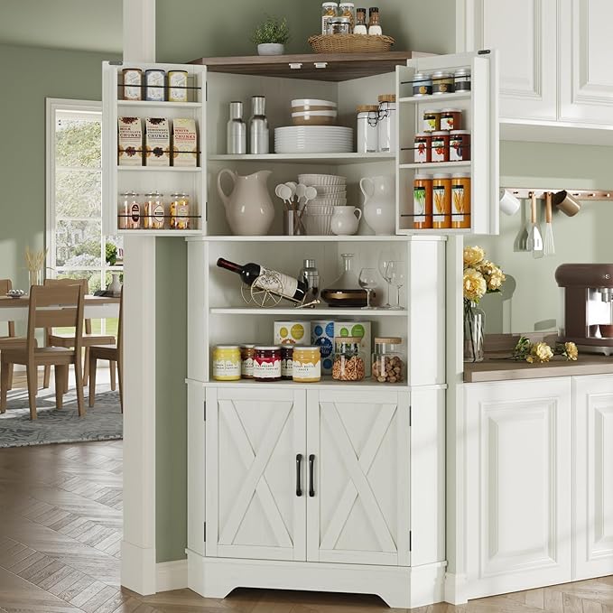Corner Cabinet, 67''H Kitchen Pantry Storage Cabinet, 6-Tier Corner Food Pantry Hutch with 4 Barn Doors and Shelves, Tall Farmhouse Furniture for Kitchen Dining Living Room, White
