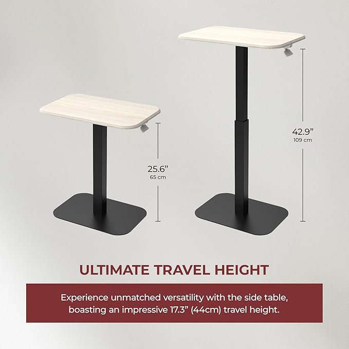 Ergohome™ ELEVANCE Table™ Effortless Height Adjustable Side Table for Couch Bed, Laptop Table - Small End Table Office Coffee Table - Superior Stability Sofa Side Table (Black Base Washed Oak Top)