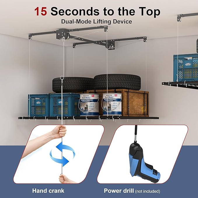 Montary 4x8 FT Overhead Garage Storage Rack for 10-12 FT Ceiling, Adjustable Ceiling Storage Rack with Safety Lock, 325LBS Capacity All-Steel Construction Heavy-Duty Garage Lifting Organizer