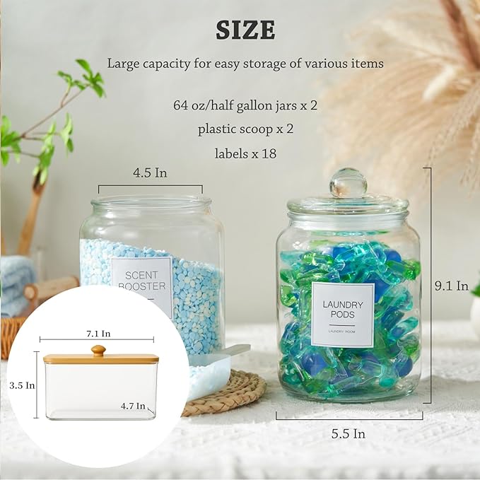Laundry Glass Jars with Dryer Sheets Holder, Containers with Scoop and Labels for Laundry Room Organization and Storage Detergents Pods or Powder, Scent Booster Beads, Set of 3