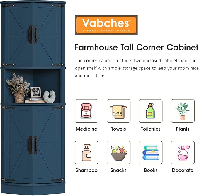 Vabches 64.8" Tall Farmhouse Corner Cabinet with 4 Doors and 5 Storage Shelves, Farmhouse Storage Cabinet with Barn Door Design, Home Space Saver for Living Room, Kitchen, Laundry Room,Blue