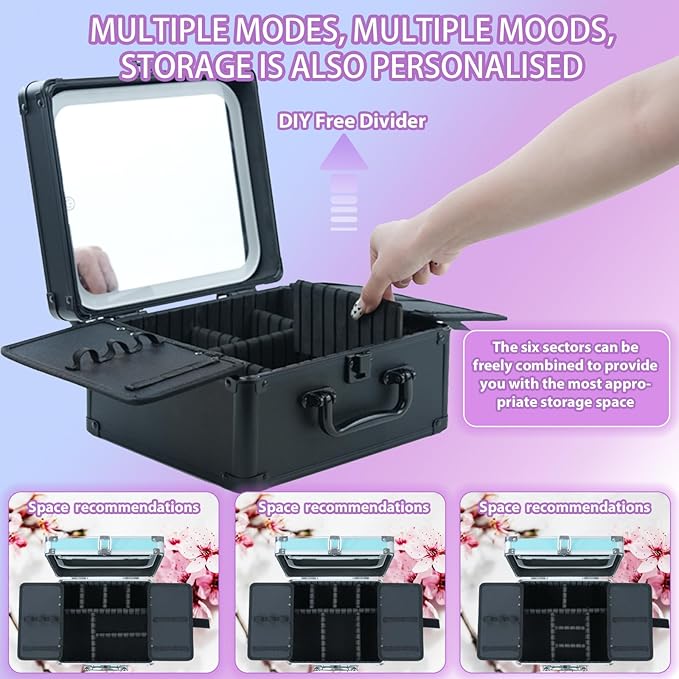 Makeup Organizer Box with Detachable Lighted Mirror, Travel Train Cosmetic Case, Adjustable Divider Storage Bag, Portable Artist Storage Suitcase with Magnetic LED Mirror - Mint