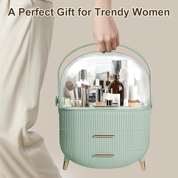 Make up Organizers and Storage, Makeup Organizer for Vanity, Cosmetics Skincare Organizers with Lid and Drawers, Cosmetic Display Cases for Countertop, Bathroom, Ideal Gifts for Women(Light Green)