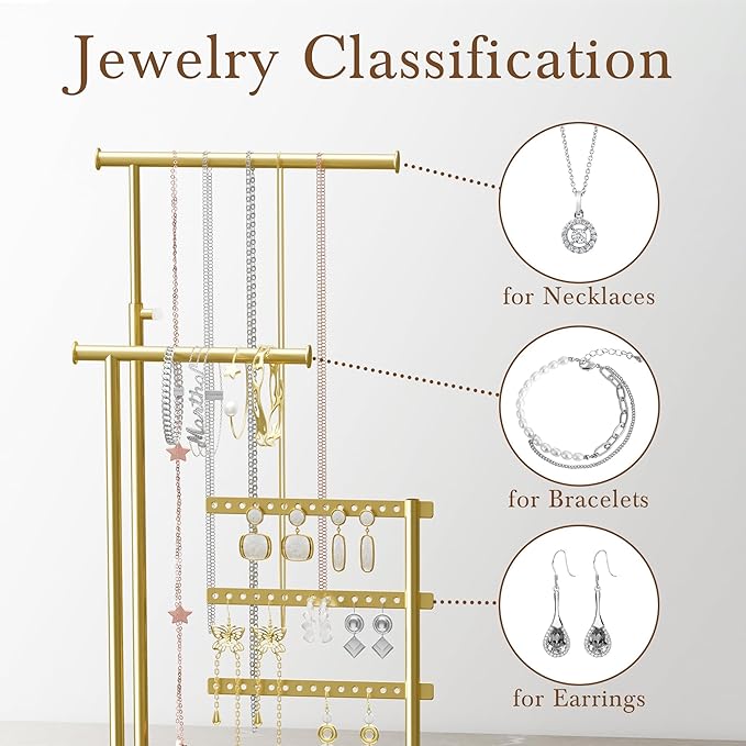 Jewelry Holder Organizer Stand - Adjustable Tall 17.5" (Max), Sturdy Jewelry Hanger for Necklaces, Earrings, Bracelets, Rings, Jewlery Display and Storage, Gold and White, Metal