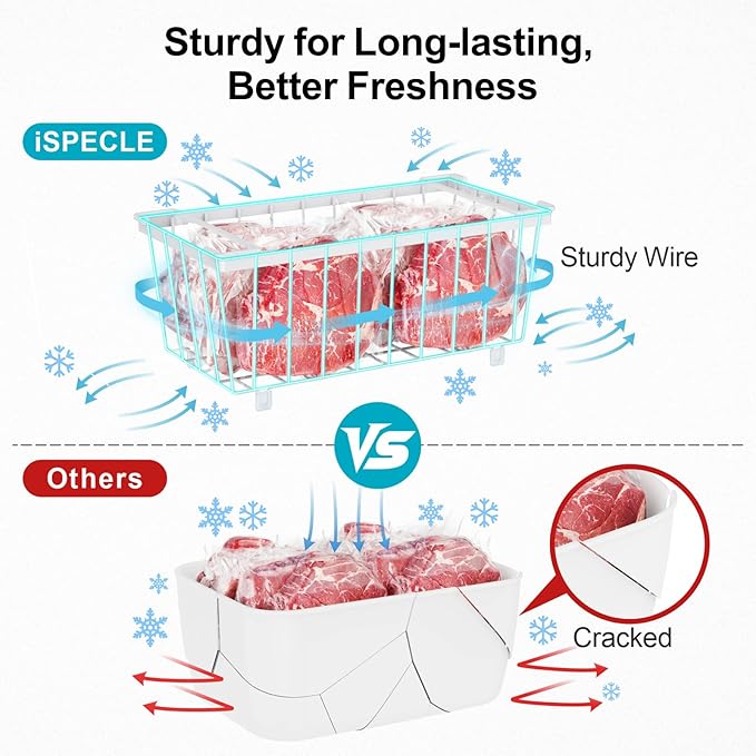 iSPECLE Deep Freezer Organizer Bins - 4 Pack Small Stackable Freezer Baskets for 7 Cu.ft Chest Freezer, Easy Access Food No More Digging, Sturdy Metal Metal Wire Basket Not Scratch Bottom, White